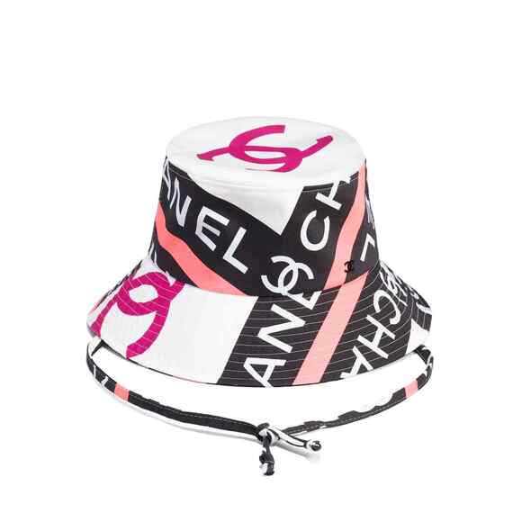 Chanel 22S Black White Pink Beige Fabric CC Logo Sun Cloche Bucket Hat Medium M main image 11